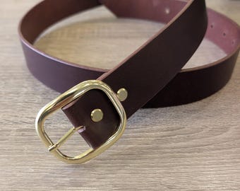 Burgundy Leather belt: Antique Brass Buckle, Handmade in Canada