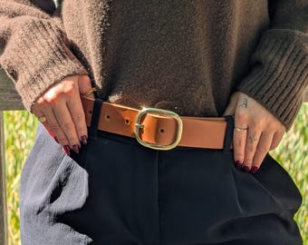 Wide Veg Tan Leather Belt: Oval Buckle, Handmade in Canada