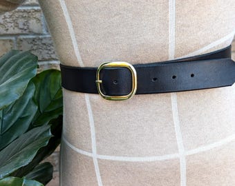 Wide Leather Belt with Golden Oval Buckle - Handmade in Canada, Gift for her, Gift for Women