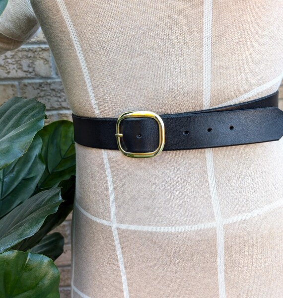 Wide Leather Belt with Golden Oval Buckle - Handmade in Canada, Gift for her, Gift for Women