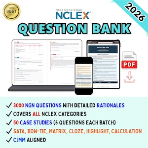 Puede incluir: Una guía de estudio digital para el examen Next Generation NCLEX. La imagen muestra una computadora portátil, una tableta y un teléfono inteligente que muestran preguntas del examen. El texto incluye "QUESTION BANK" y viñetas que enumeran características.