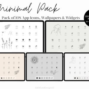 May include: A digital mockup of five different iPhone home screens with a minimalist aesthetic. Each screen features a different illustration, including a fern, a sun, a woman, a woman with a graduation cap, and a woman sitting. Each screen also features a grid of black and white app icons. The text "Minimal Pack" and "Pack of iOS App Icons, Wallpapers & Widgets" is displayed at the top of the image. The text "191 APP ICONS PER PACK" and "SET OF 5 ICON PACKS" is displayed in the top right corner of the image.