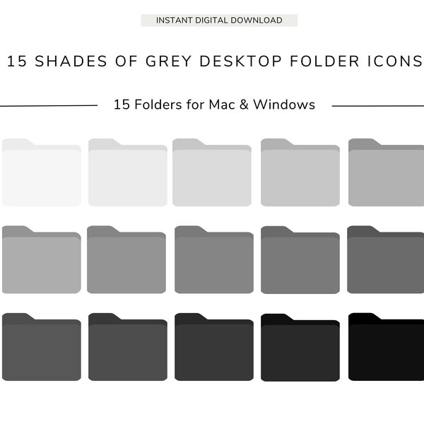 15 Desktop Folder Icons, Shades of Grey, Neutral Icons, MacBook, iMac, Windows, Business, Study and Personal