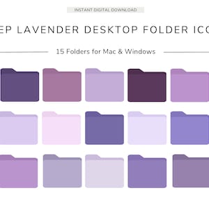 May include: Set of 15 digital desktop folder icons in shades of lavender, purple, and light blue.  The icons are in the shape of a folder and are arranged in three rows of five.  The icons are perfect for organizing your desktop and adding a touch of color to your computer.