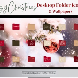 May include: A computer screen displaying a collection of Christmas-themed folder icons and wallpapers. The icons feature various designs, including ornaments, wreaths, and the text "Merry Christmas".
