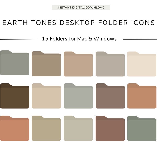 15 Desktop Folder Icons, EARTH TONES, Neutral Icons, MacBook, iMac, Windows, Business, Study and Personal