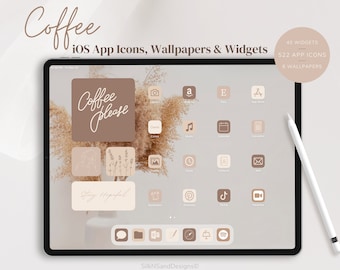 Ikony aplikacji Coffee iOS, estetyka neutralna w kolorze beżowym (pobieranie cyfrowe)