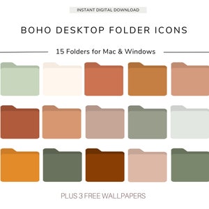 Puede incluir: Un conjunto de 15 iconos de carpeta digitales en varios tonos terrosos, incluyendo verde, marrón, naranja y beige. Los iconos están diseñados en un estilo boho y son perfectos para organizar los archivos de tu escritorio. El texto "BOHO DESKTOP FOLDER ICONS" y "15 Folders for Mac & Windows" se muestra encima de los iconos. El texto "PLUS 3 FREE WALLPAPERS" se muestra debajo de los iconos.
