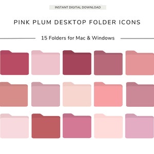 May include: Pink plum desktop folder icons in various shades of pink, arranged in three rows of five. The image includes the text "Pink Plum Desktop Folder Icons" and "15 Folders for Mac & Windows."
