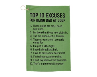Funny Golf Towel: Top 10 Excuses, Gift for Golfer