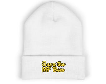 Save the Bees Cuffed Beanie: Embroidered Turbo Acrylic Winter Hat