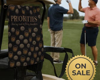 Funny Golf Towel – Priorities, Find Ball or Bourbon, Golfer Gift