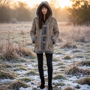 Vintage Genuine Suede Shearling Penny Lane Coat Boho Whimsigoth 70s Hooded Jacket