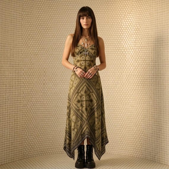 Vintage 90s Medium Whimsigoth Maxi Dress | Olive Green Handkerchief Hem Fairycore Gown