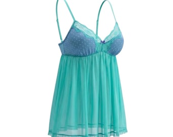 Victoria's Secret Y2K Aqua Sheer Babydoll | Blue Lace Trim Lingerie Top | Large