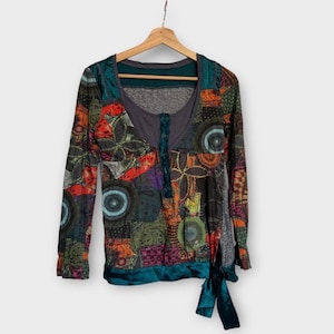 Euro Boho Patchwork Long Sleeve Fairycore Top – Colorful Artsy Shirt with Satin Tie Detail, Festival Hippie Style size small