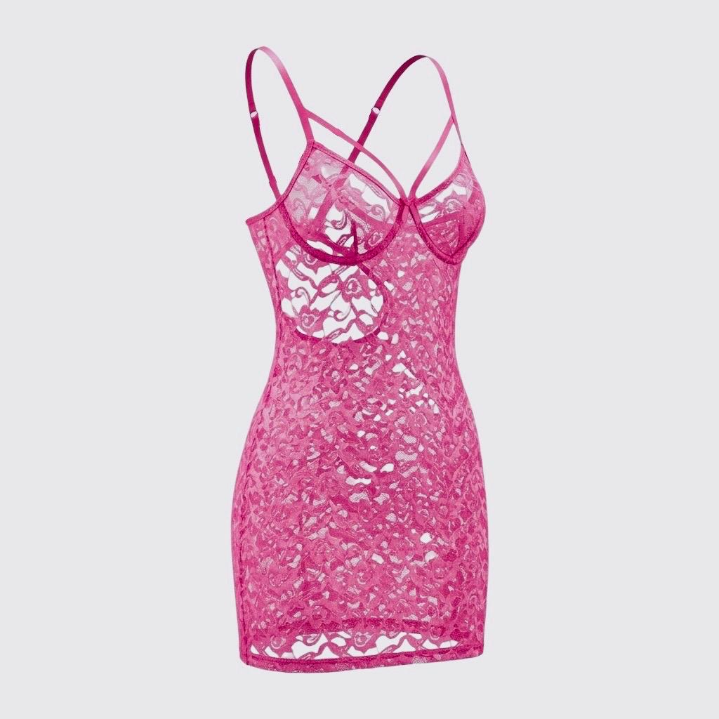 strapless open back dress Hot Pink Lace Slip Dress