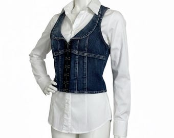 Colete jeans vintage Guess dos anos 90, tamanho pequeno | Blusa jeans com botões estilo anos 2000 | Coquette Grunge