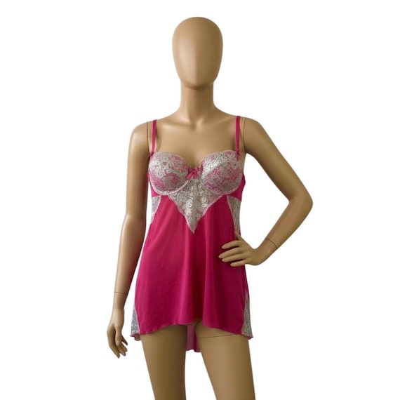 Y2K Fuchsia Pink Lace Babydoll Slip Dress Push Up Bra Lingerie // Hot Pink  Whimsigoth Fairycore Coquette Chemise Nightie Mini Dress Size L