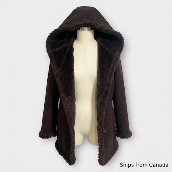 Vintage Jones New York Faux Suede Jacket • Brown Hooded Fur Trim