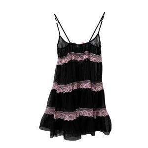 May include: Black lingerie slip with spaghetti straps and a tiered design. The slip features pink lace trim and a small bow detail at the neckline. The sheer fabric creates a delicate and feminine look.