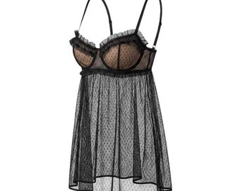 Camisola babydoll de malla transparente negra vintage de Victoria's Secret 2004, talla 36D / Whimsigoth Coquette, camisón de encaje con volantes Y2K, lencería CAD