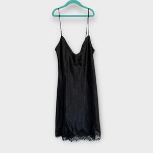 Vintage La Senza size large Y2K Black Satin Slip Dress | 90s Minimalist Lingerie Dress with Lace Hem | Grunge Fairycore Night Out Outfit