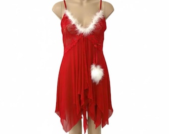 Vintage Y2K Red Lace Cami with White Feather Trim - Small Coquette Holiday Cami
