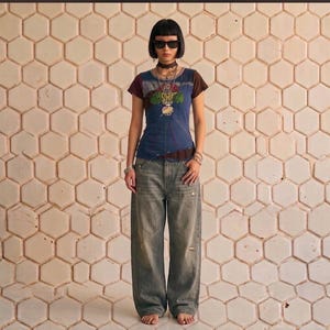 T-shirt vintage Smash Barcelona en maille patchwork champignons, style Y2K, féérique et girlcore, à sequins, taille L