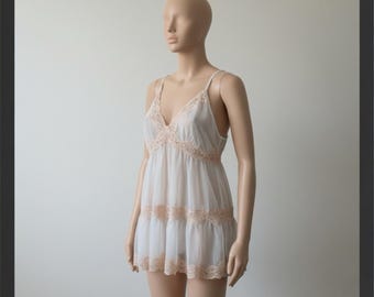 Vintage White & Peach Lace Trim Babydoll Mini Dress Size L