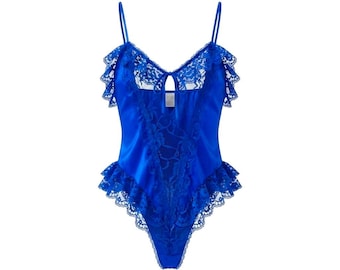 Vintage jaren 90 koningsblauwe kanten bodysuit | Fijne hoog uitgesneden teddy-lingerie met ruches | Coquette Fairycore Aesthetic One Piece Maat Large
