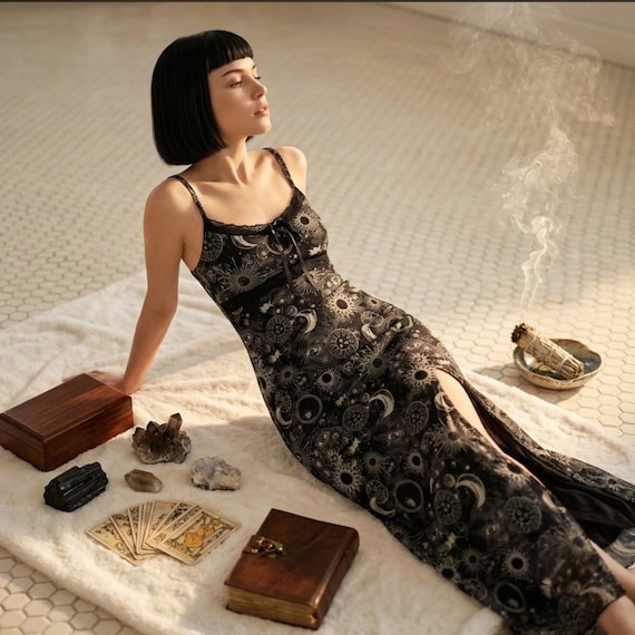 90s celestial dress Vintage Cosmic Aura Mesh Maxi Archival Whimsigoth Occult Layering Gown Shape Olive Tailored Cocoon