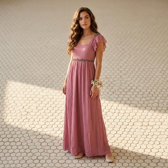 Vintage Tintoretto Pink Tulle Maxi Gown Beaded Empire Waist Sirencore Fairy Prom Dress Size 6