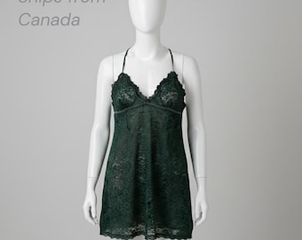 Vintage In Bloom by Jonquil Forest Green Lace Slip Dress | Coquette Mini Chemise | Sheer Floral Lingerie Nightgown | Whimsygoth Fairycore S