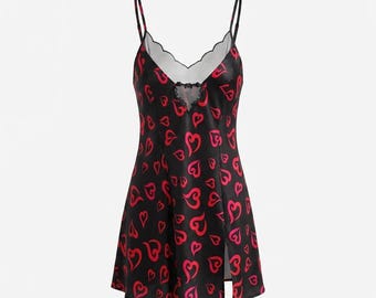 Vintage Victoria’s Secret Gold Label Silk Chemise Red Heart Print Slip Dress – Rare 90s Aesthetic Lingerie – 100% Silk Mini Nightie Size M
