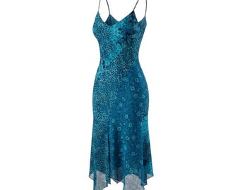 90s Asymmetrical Slip Dress Blue Floral Leopard Print 2000s Y2K Midi Prom Formal Dress 6P