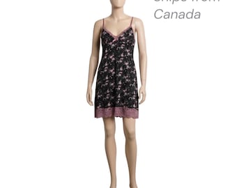 Floral Lace Slip Dress Small – Y2K Black Pink Nightie, Coquette Aesthetic Lingerie Dress