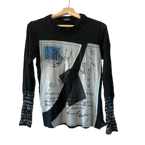 Vintage Y2K Black Mesh Wool Long Sleeve Italy Top w/ Fuzzy Neckline & Sheer Mohair Back size small