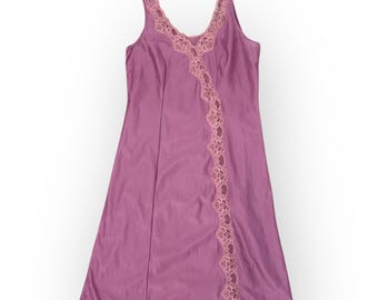 Vintage 80s Mauve Pink Lace Slip Dress // Y2K Coquette Asymmetrical Midi S/M