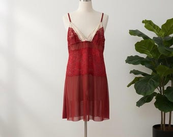Vintage Y2K Cherry Red Lace Camisole | Coquette Mesh Lingerie Top | Red & White