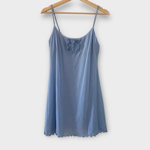 Vintage La Senza Y2K Baby Blue Slip Dress Fairycore Mini Dress with Ruffle Detail, Spaghetti Straps lettuce trim and built in bra size small
