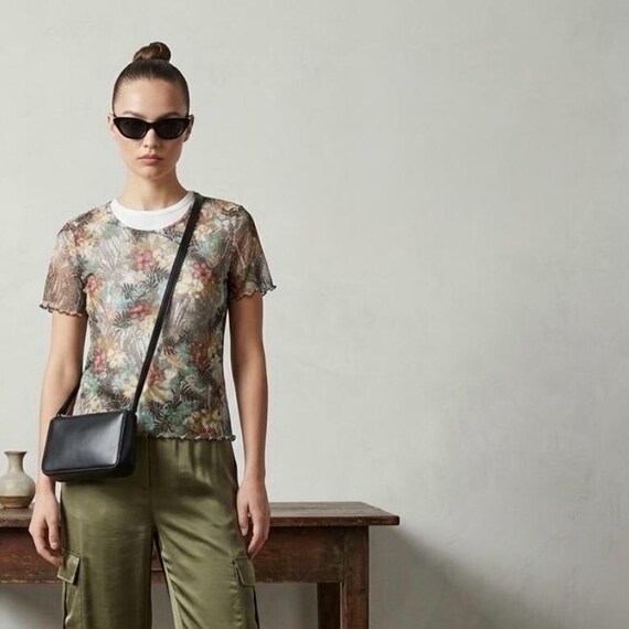 Y2K Afibel Mesh Floral Top Sheer Botanical Fairycore Blouse Stretchy French 00s