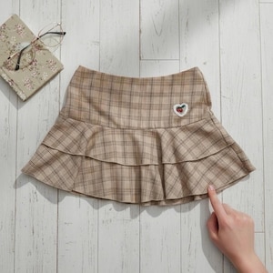Y2K HeartSoul Plaid Micro Mini with Upcycled Cherry Patch, Tiered Ruffle Coquette Aesthetic Skirt