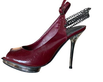 Vintage Le Chateau Patent Burgundy Peep Toe Slingback Heels Metallic Chain Stiletto Pumps 8