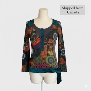 Euro Boho Patchwork Long Sleeve Fairycore Top – Colorful Artsy Shirt with Satin Tie Detail, Festival Hippie Style size small