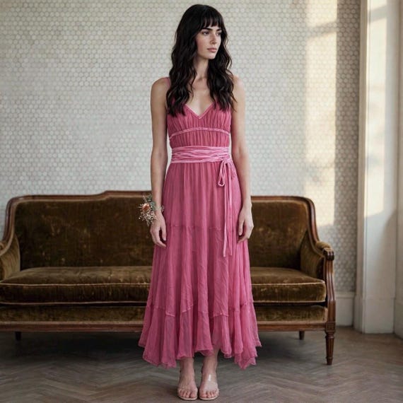 Alberta Ferretti, Vintage Philosophy di Alberta Ferretti 90s Pink Silk Velvet Ribbon Slip Maxi Dress