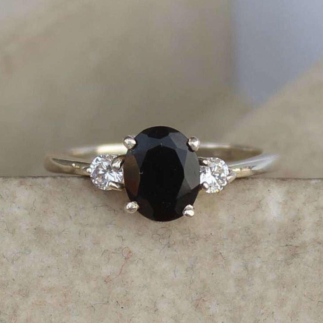Handmade Oval Black Onyx Ring, Sterling Silver, Cubic Zirconia