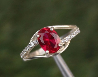 Bague rubis ovale : bague de promesse en argent sterling, pierre de naissance en juillet