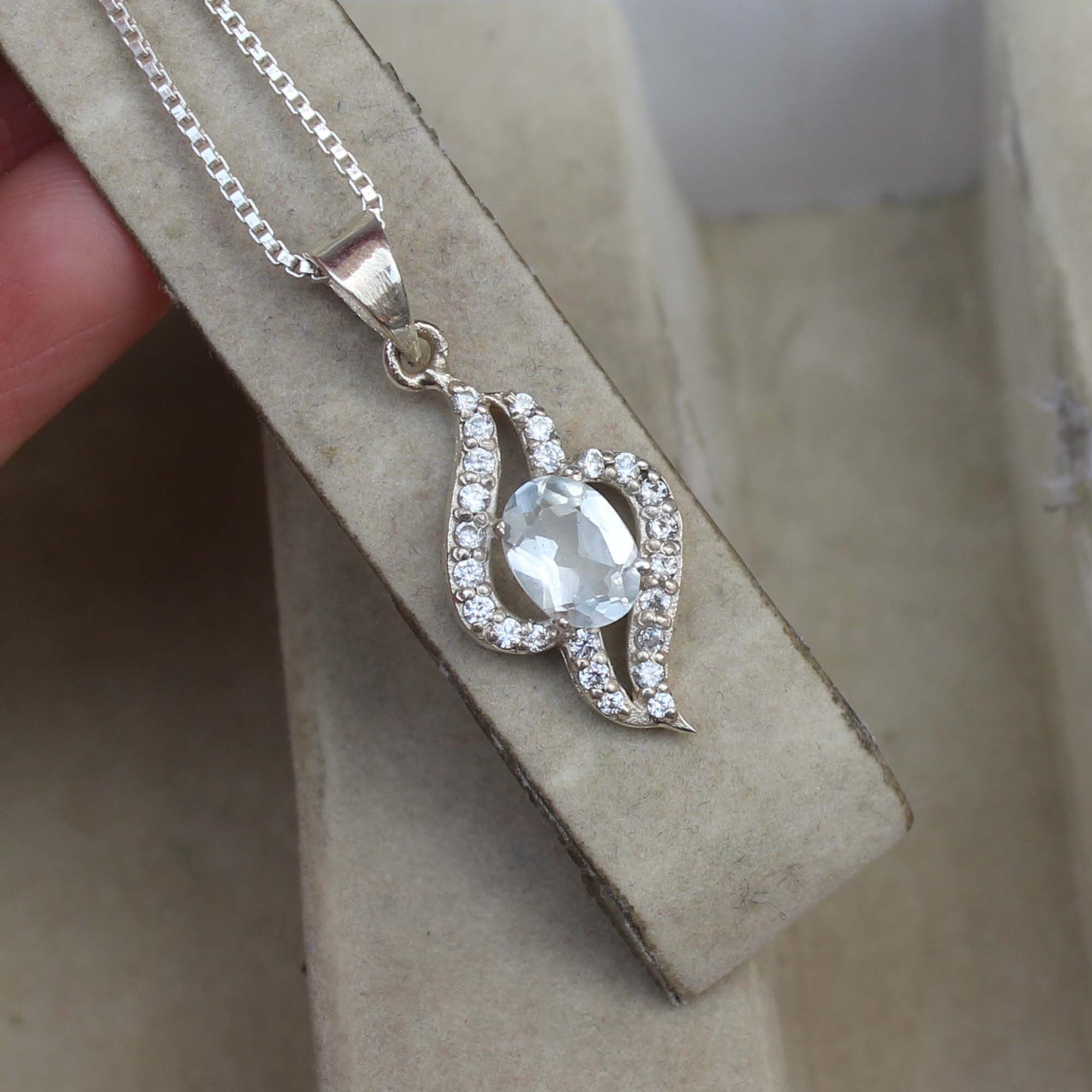 Pendentif En Argent Sterling 925 Avec Topaze Blanche - Fait Main - Style Locket