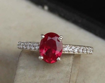Oval Lab Ruby Ring, 925 Sterling Silver Prong Set Ring